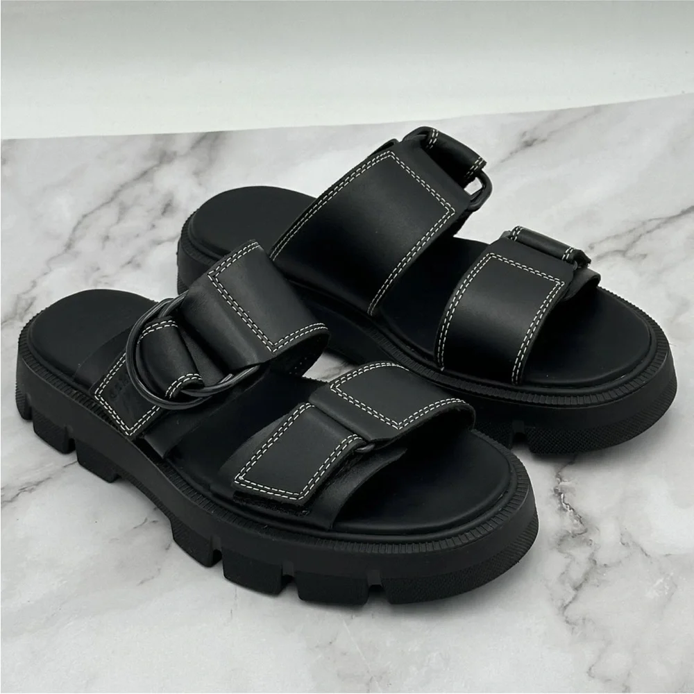 Sorel Sandals Womens Size 6 Black Leather Slides Adjustable Strap NL5223-010 - Picture 2 of 12